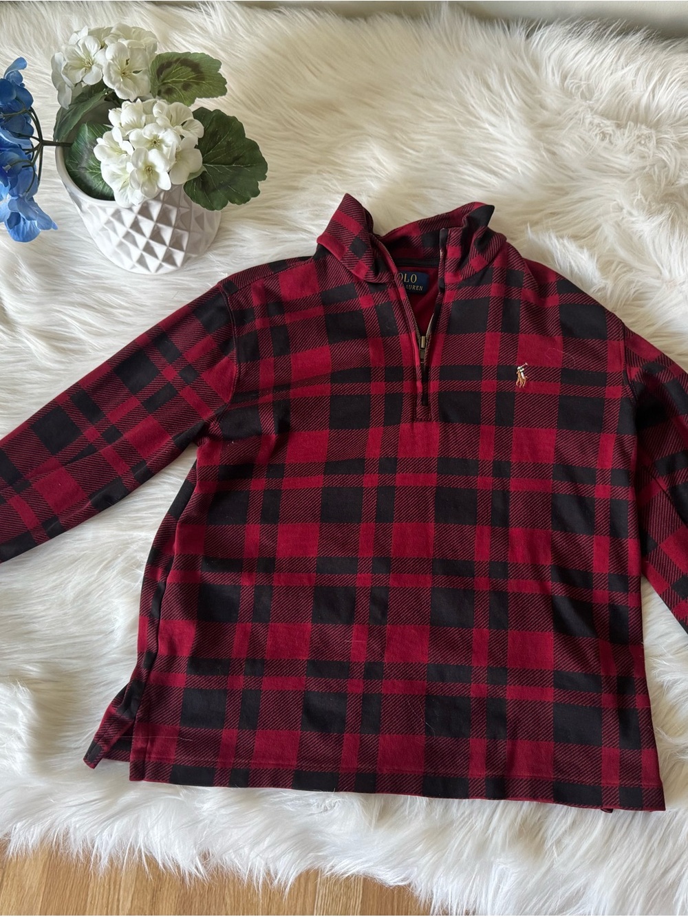 Polo by Ralph Lauren Red and Black Plaid Quarter-Zip Pullover